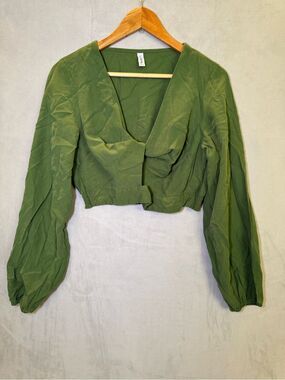 Blue Steel Olive Green Cropped Wrap Blouse Balloon Sleeve Boho Size L